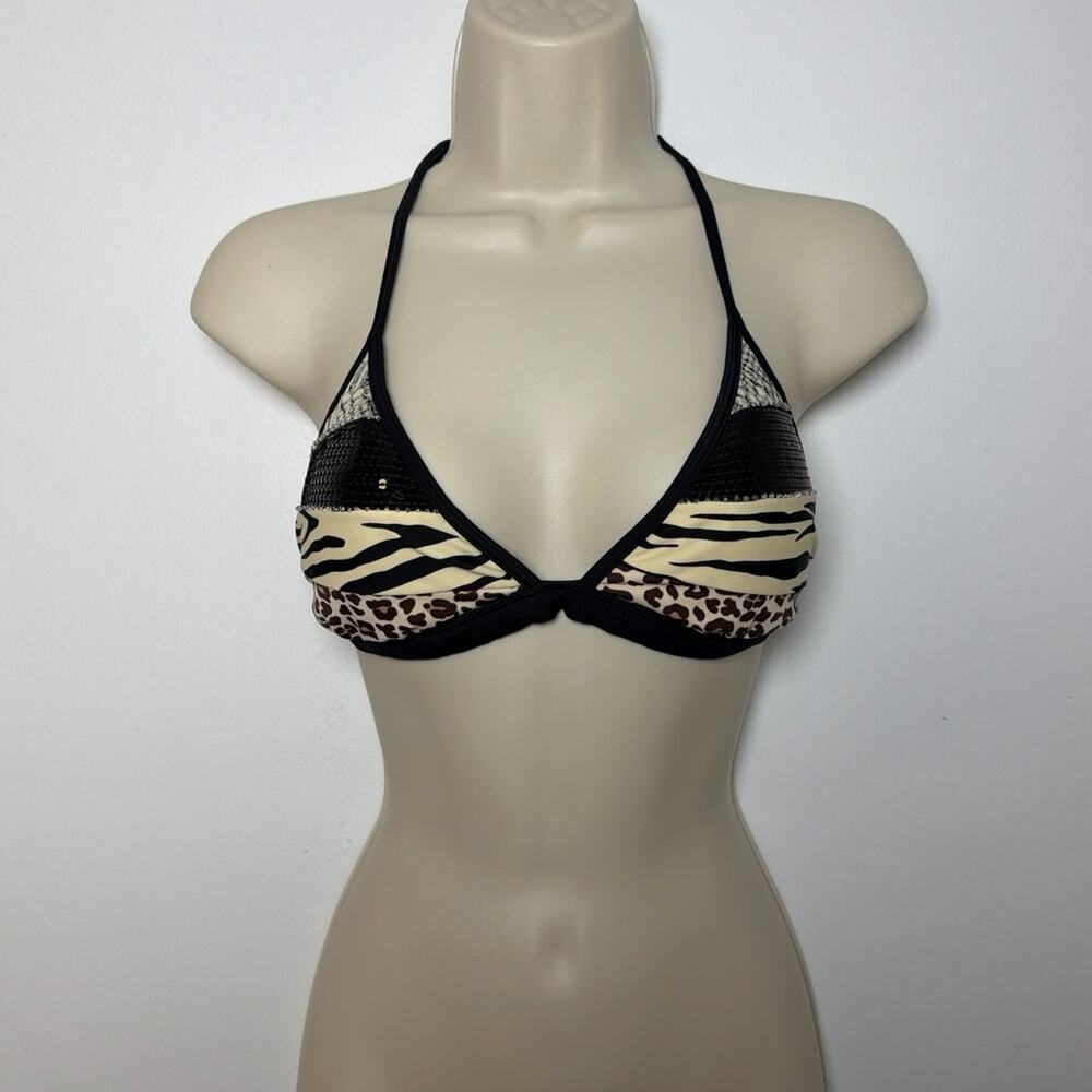 Vintage GUESS Y2K Sequin Mixed Animal Print Triangle Bikini Top Size M